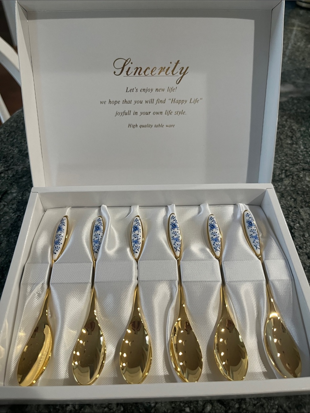 Gold-Plated Blue Floral Dessert Spoon Set - 6 Pieces Japan